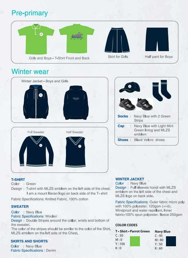Pre-Primary regular and winter uniform chart for Mount Litera Zee School