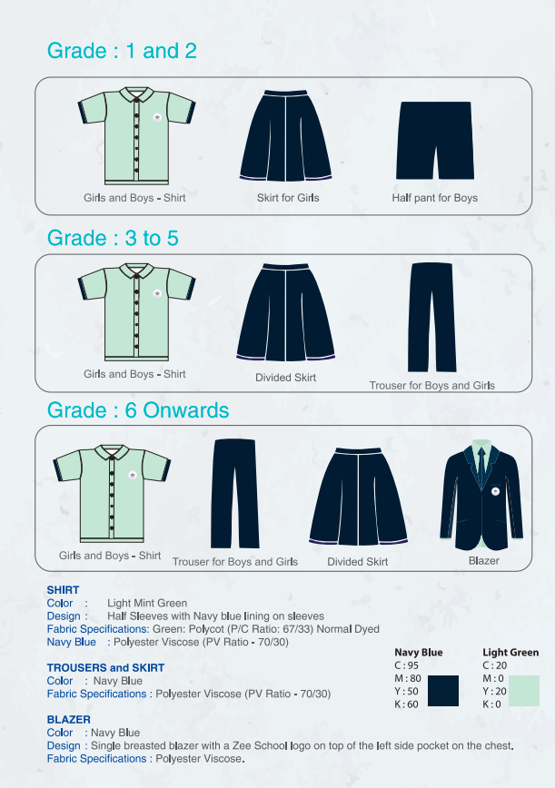 Primary onwards uniform chart for Grades 1 and 2, 3 to 5, and 6 onwards