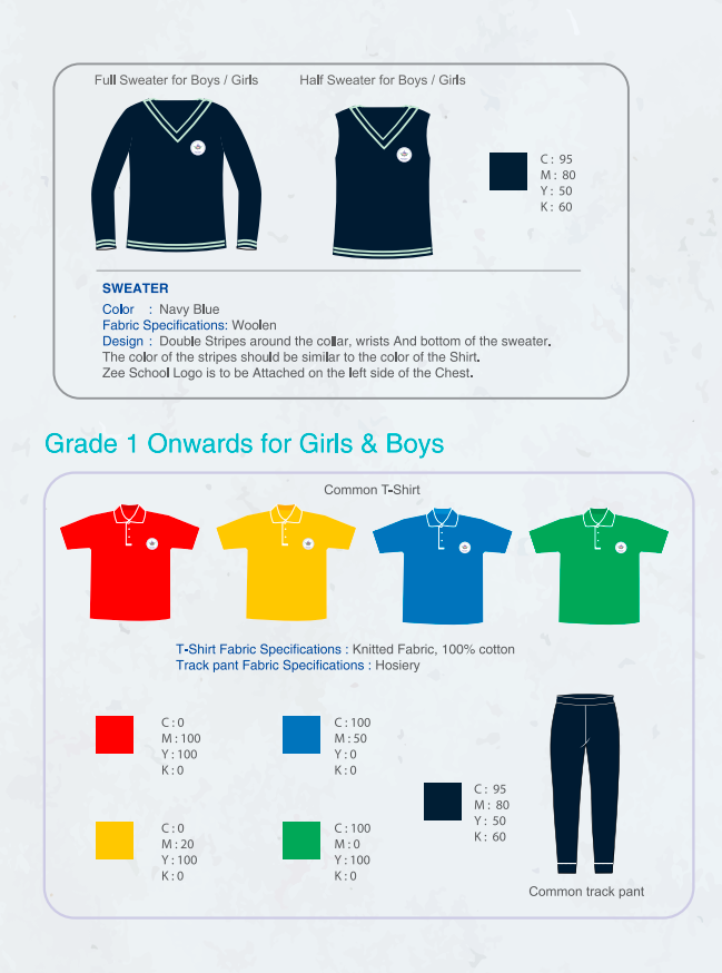 Sports uniform chart with house T-shirts, track pants and navy sweaters