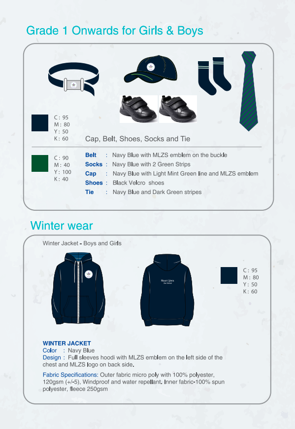 Grade 1 onwards accessories and winter jacket uniform chart
